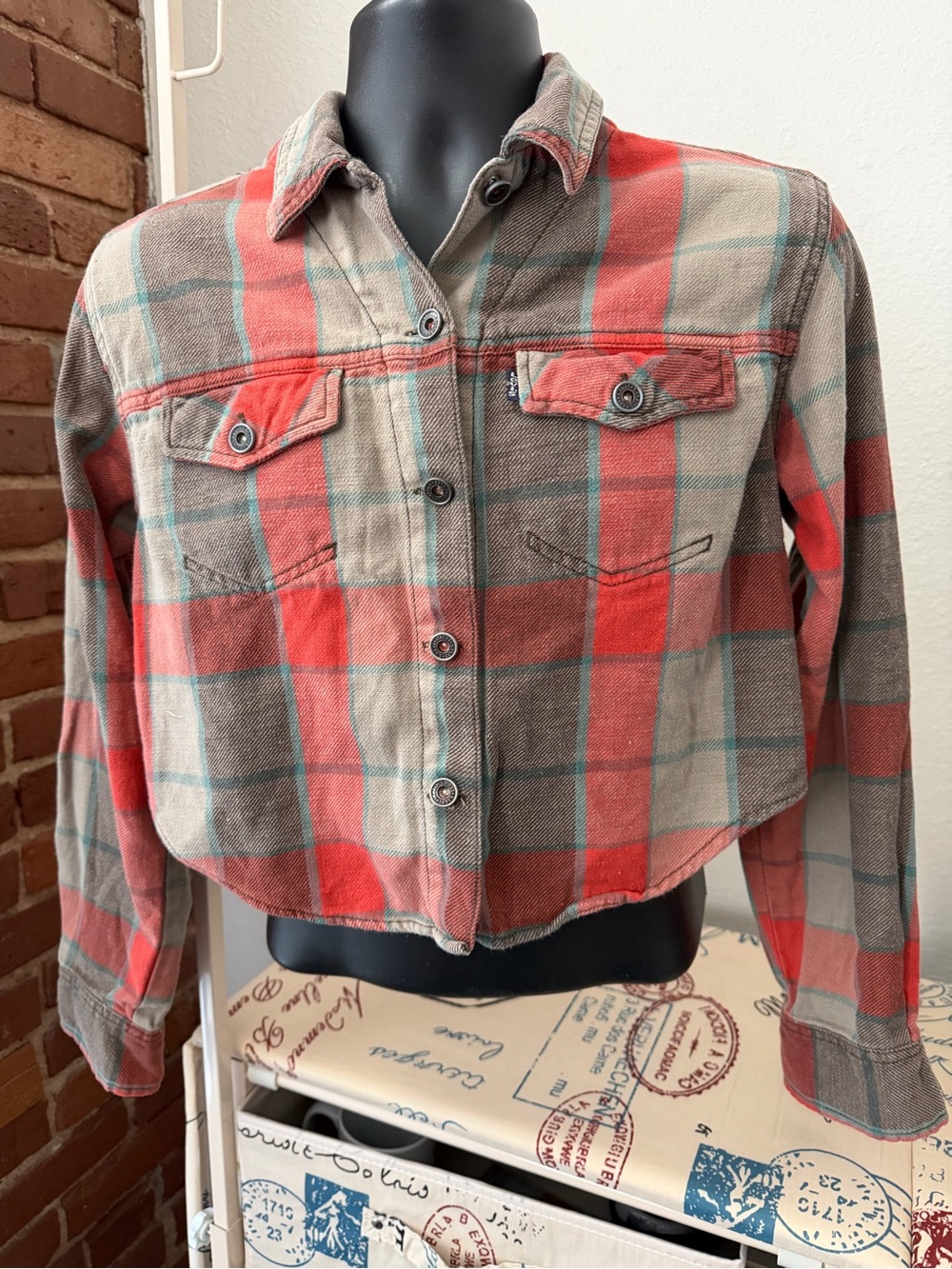Levi's Women’s Cropped Plaid Jean Shirt or Jacket - Red, Tan & Gray